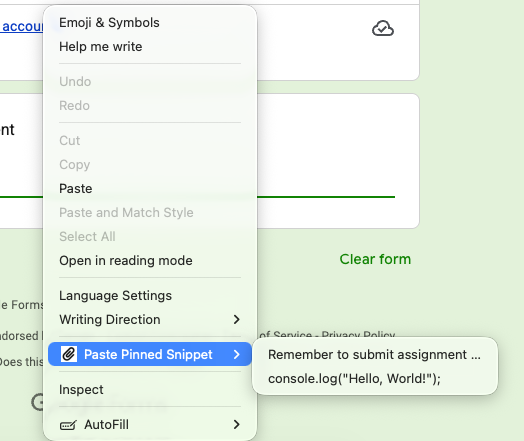 Right-click menu showing the Paste from QuickClip option with a preview flyout