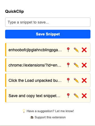 QuickClip popup showing a running history of copied items, each with pin, edit and delete actions